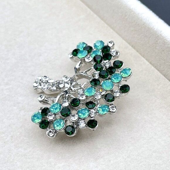 Silver with Green Opal Emerald and Diamond Crystal Blooming Tree Pin Back Brooch - Picture 5 of 9